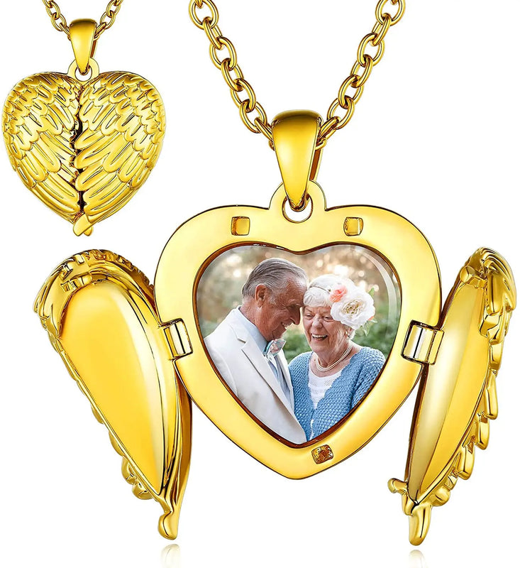 Goldchic Angel Wing Locket Necklace for Women, Personalized Picture
