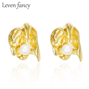 925 Silver Leaf Flower Freshwater Pearl Stud Earrings Gift
