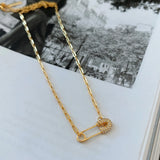 925 Silver Square Link Chain Necklace Zircon Pin Choker