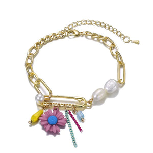 Golden Chains Bracelets Charm Paper Clip Resin Chrysanthemum