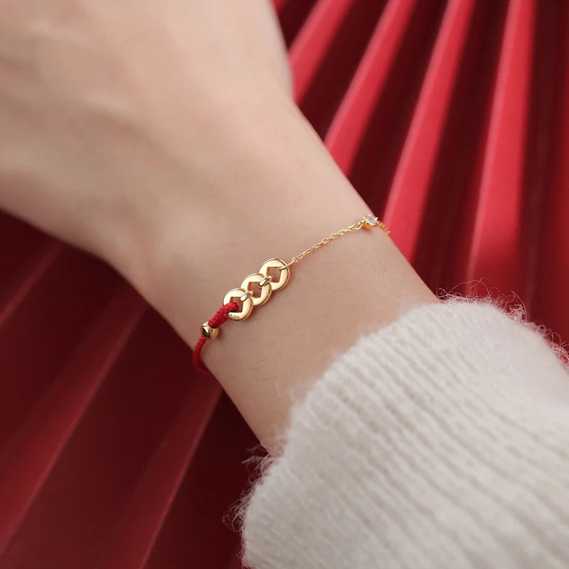 Golden Coin Red Rope Bracelet Festive Jewelry