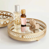Golden Delicate Jewelry Storage Display Tray Glass Mirror Base Bedroom Desktop