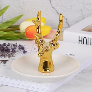 Golden Deer Head Ceramic Jewelry Storage Plate Organizer