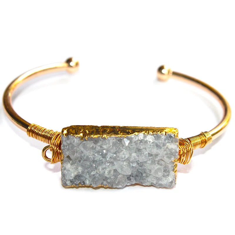 Golden Druzy Stone Bangle Wire Wrapped Cuff Bracelet