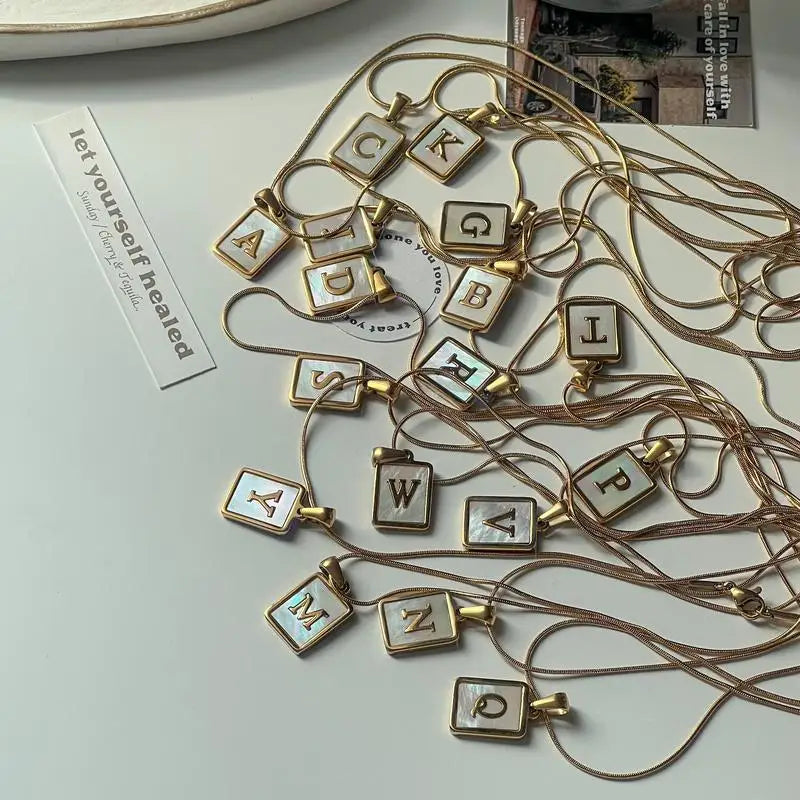 Golden Alphabet Necklace Stainless Steel Pendant Shell Square Letters