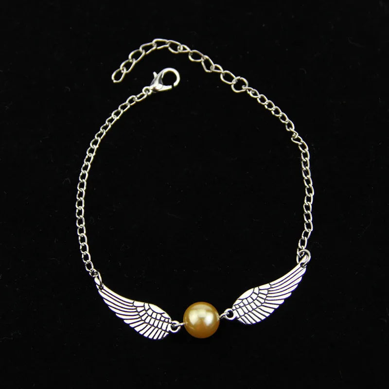 Golden Snitch Bracelet Antique Angel Wing Charm Jewelry Pearl Bracelet