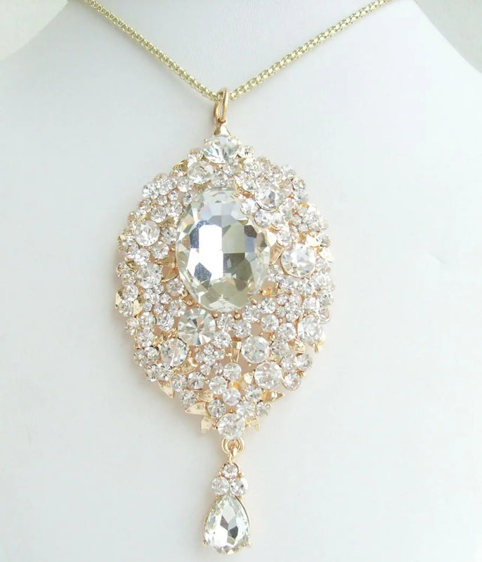 Golden Tone Teardrop Necklace Pendant Clear Rhinestone Crystal