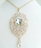Golden Tone Teardrop Necklace Pendant Clear Rhinestone Crystal