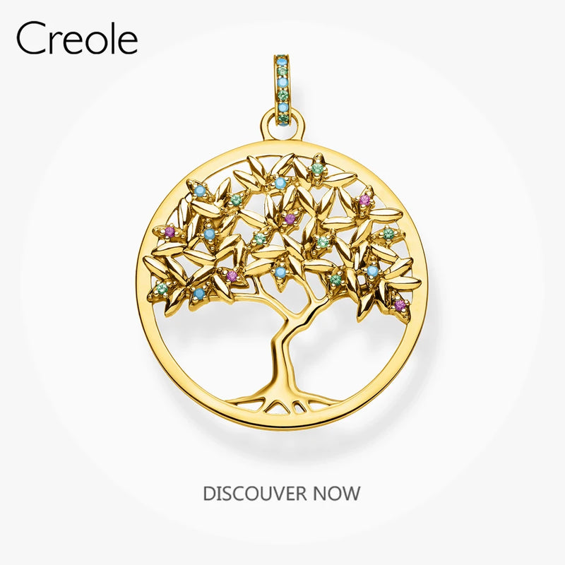Sterling Silver Golden Tree Round Necklace Pendant Winter Jewelry Gift