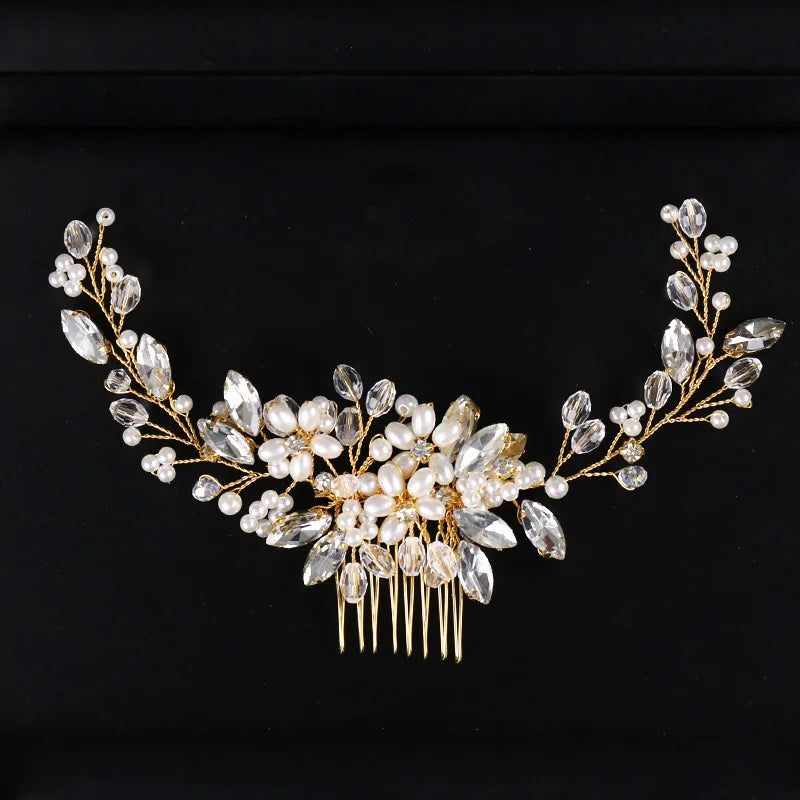 Golden Wire Bridal Hair Comb with Pearl Beads