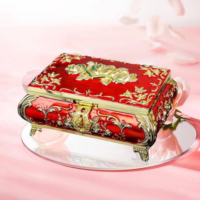 Floral Engraved Jewelry Box Golden and Red Trinket Box Decorative