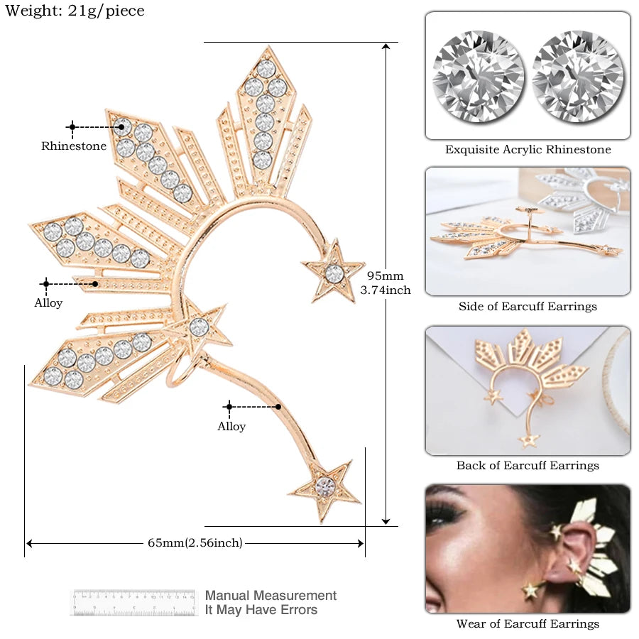Crystal Star Ear Clip Earrings Hyperbole Rhinestone Stars Big Ear Cuff