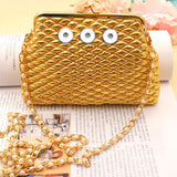 Golden Rhombus Pearl Chain Diagonal Coin Purse with Snaps Closure