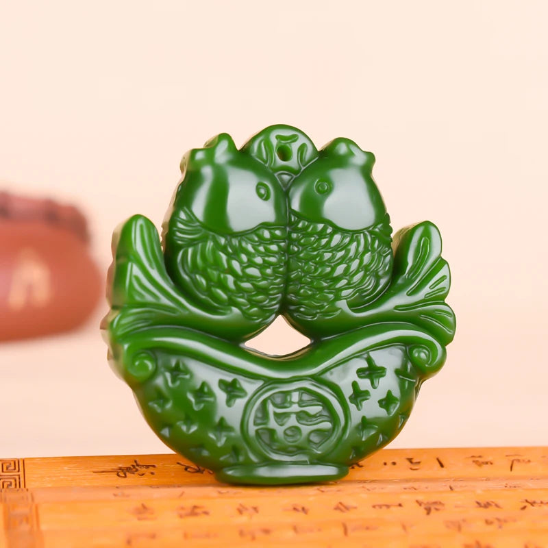 Goldfish Green Jade Pendant Necklace Hand-Carved Natural Charm Jewellery