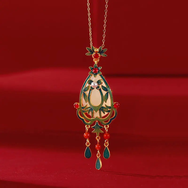 Enamel Craft Clavicle Chain Red Jade Necklace Ancient Style