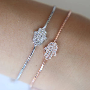 Good Luck Hamsa Charm Bracelet Evil Eye CZ Fatima Hand 925 Sterling Silver