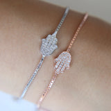 Good Luck Hamsa Charm Bracelet Evil Eye CZ Fatima Hand 925 Sterling Silver