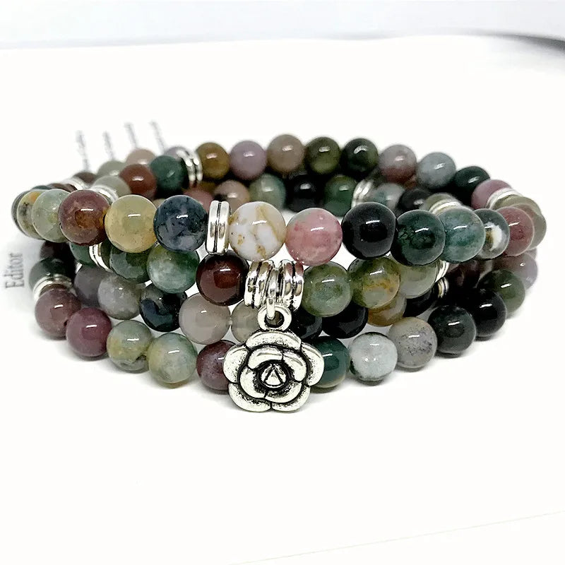 Women Bracelet Agates 6mm Beads Stone Flower Charm Bracelet Round Bead