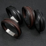 PU+Genuine Leather Men Bracelets Black/Steel Tone Magnet Clasp Bangle