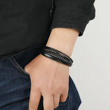 PU+Genuine Leather Men Bracelets Black/Steel Tone Magnet Clasp Bangle