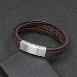 PU+Genuine Leather Men Bracelets Black/Steel Tone Magnet Clasp Bangle