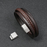 PU+Genuine Leather Men Bracelets Black/Steel Tone Magnet Clasp Bangle