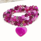 Pink Agates Stone Beads Flower Charm Bracelet