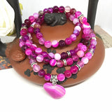 Pink Agates Stone Beads Flower Charm Bracelet