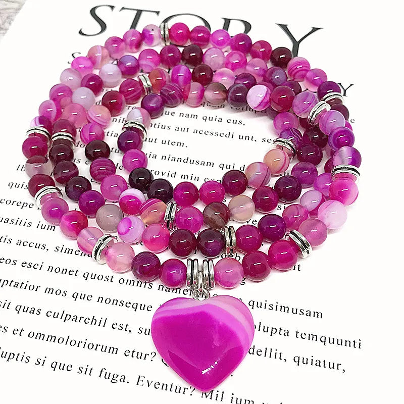 Pink Agates Stone Beads Flower Charm Bracelet