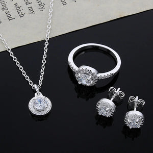 Silver Plated Necklace Pendant Ear Studs Open Ring Stud Earrings Crystal Jewelry