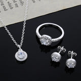 Silver Plated Necklace Pendant Ear Studs Open Ring Stud Earrings Crystal Jewelry