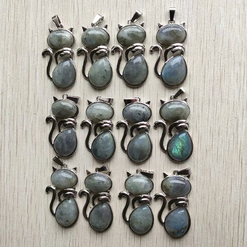 Labradorite Stone Alloy Cat Pendants for Necklaces Jewelry Making 12pcs/lot