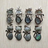 Labradorite Stone Alloy Cat Pendants for Necklaces Jewelry Making 12pcs/lot