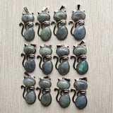 Labradorite Stone Alloy Cat Pendants for Necklaces Jewelry Making 12pcs/lot