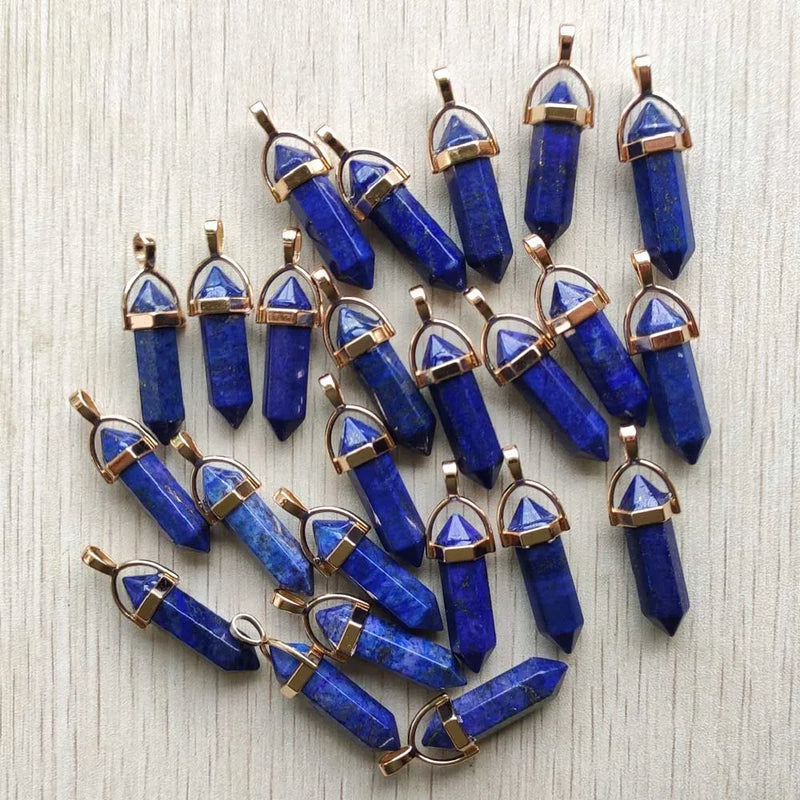 Natural Lapis Lazuli Alloy Pillar Charms Pendants for Jewelry Making 24pcs/lot