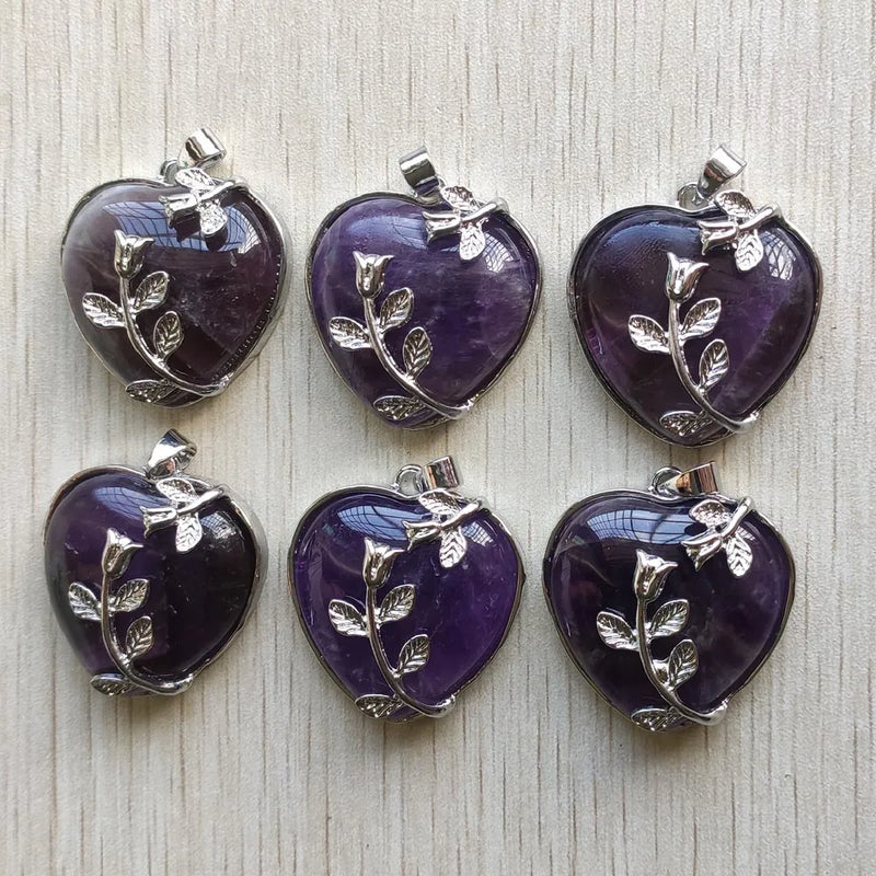 Natural Amethyst Stone Silver Plated Flower Heart Pendants 6pcs/lot