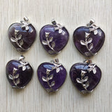 Natural Amethyst Stone Silver Plated Flower Heart Pendants 6pcs/lot