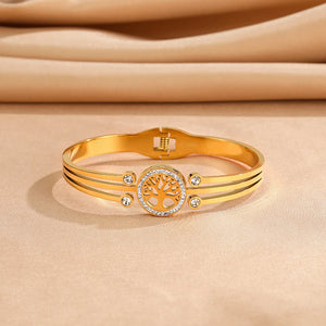 Stainless Steel Tree Of Life Bangle with Crystal