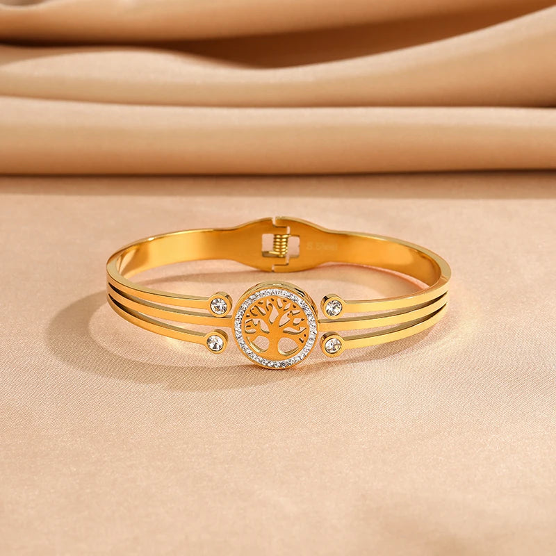 Stainless Steel Tree Of Life Bangle with Crystal