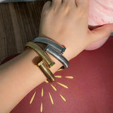 Wide Elastic Open Bangle Stainless Steel CZ Stone Pave Chunky Bracelet
