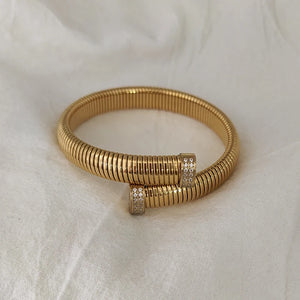 Wide Elastic Open Bangle Stainless Steel CZ Stone Pave Chunky Bracelet