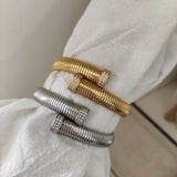 Wide Elastic Open Bangle Stainless Steel CZ Stone Pave Chunky Bracelet