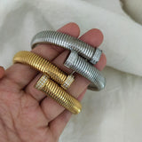 Wide Elastic Open Bangle Stainless Steel CZ Stone Pave Chunky Bracelet