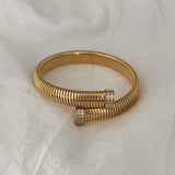 Wide Elastic Open Bangle Stainless Steel CZ Stone Pave Chunky Bracelet