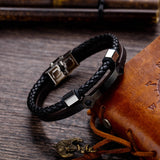 GorGor Wrench Pattern Stainless Steel Bangles Men PU Leather Double Braid