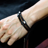 GorGor Wrench Pattern Stainless Steel Bangles Men PU Leather Double Braid