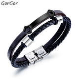 GorGor Wrench Pattern Stainless Steel Bangles Men PU Leather Double Braid