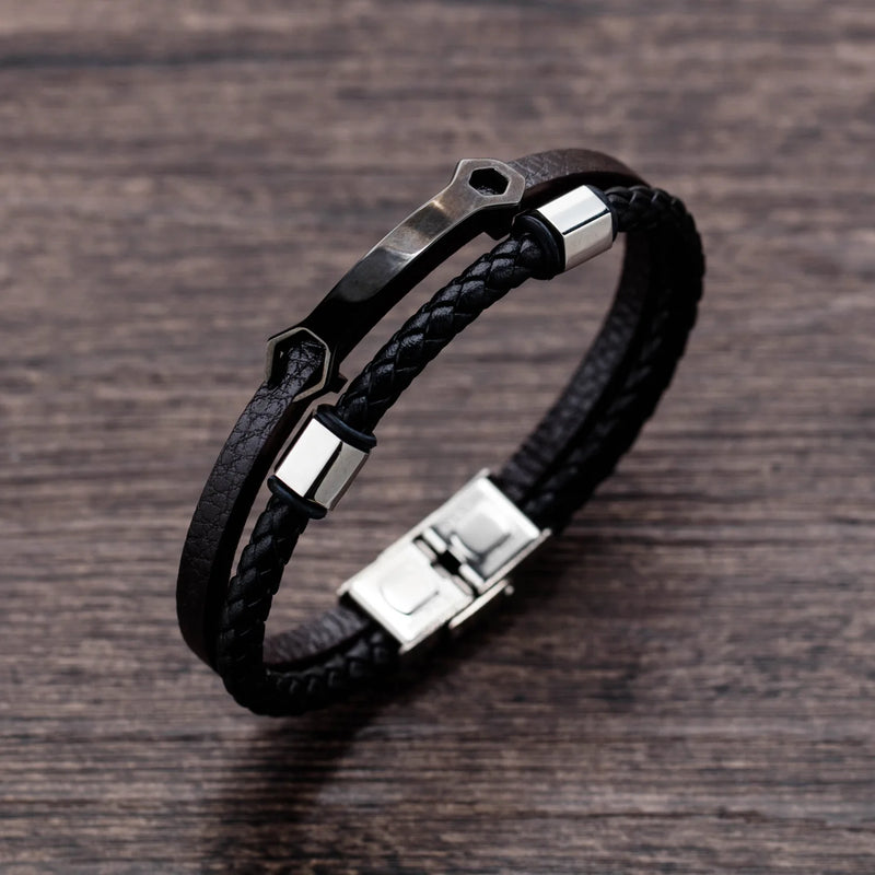 GorGor Wrench Pattern Stainless Steel Bangles Men PU Leather Double Braid