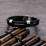 GorGor Wrench Pattern Stainless Steel Bangles Men PU Leather Double Braid