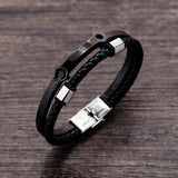 GorGor Wrench Pattern Stainless Steel Bangles Men PU Leather Double Braid